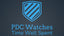 A digital graphic featuring a light blue shield icon with diagonal stripes above the text 'PDC Watches Time Well Spent' in the same light blue font, set against a dark slate gray background.