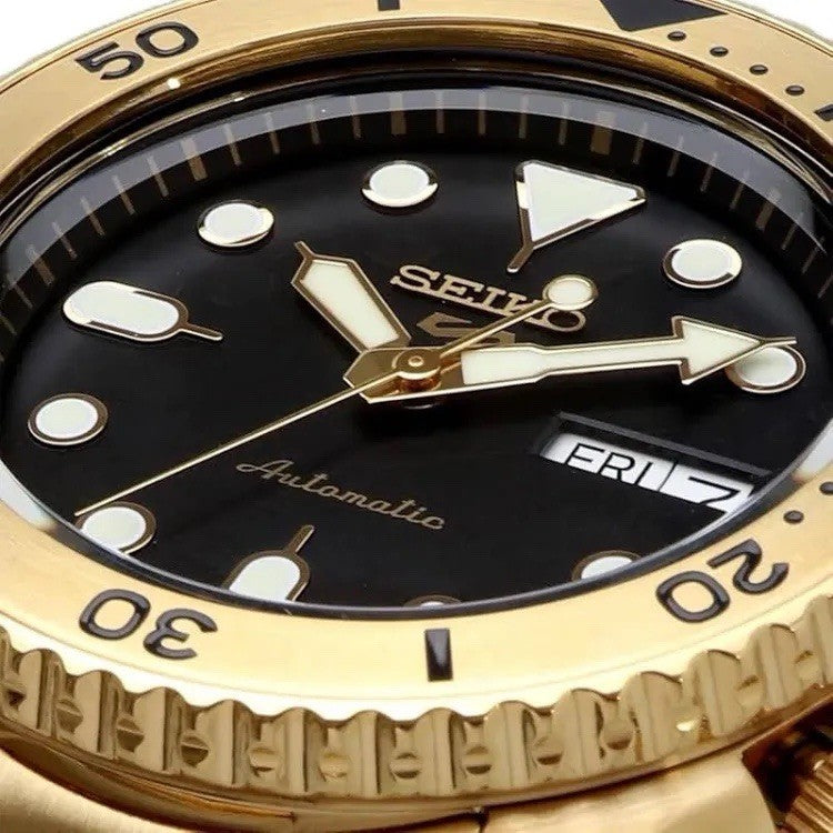 SEIKO MENS 5 AUTOMATIC WATCH SRPK18 BLACK DIAL, GOLD, - WARRANTY - RRP 379.00