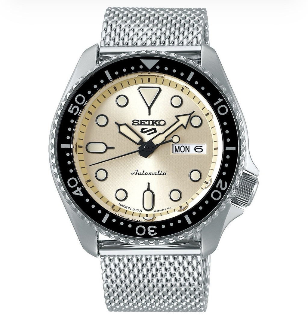 Seiko 5 Sports SRPE75K1 Automatic Cream Dial Mesh Bracelet BNIB UK - RRP £349.00