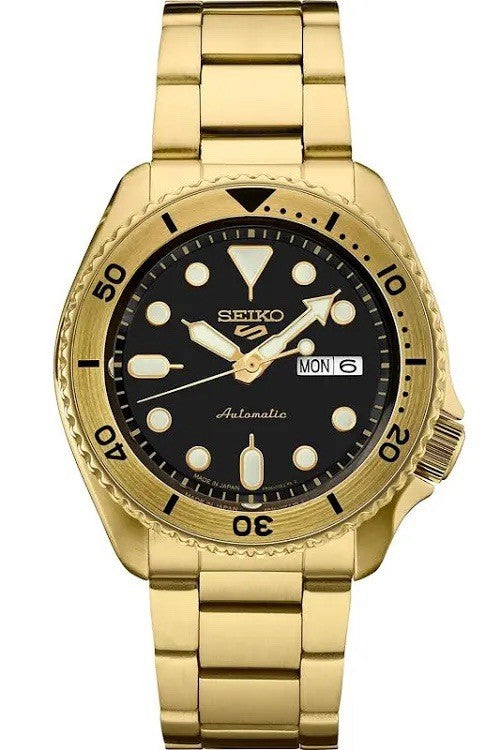 SEIKO MENS 5 AUTOMATIC WATCH SRPK18 BLACK DIAL, GOLD, - WARRANTY - RRP 379.00