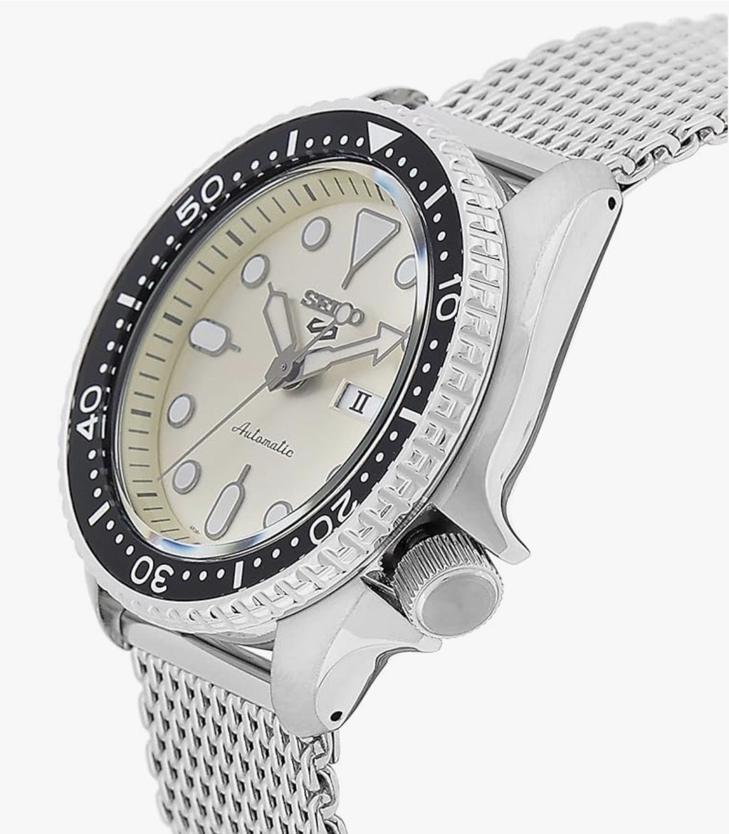 Seiko 5 Sports SRPE75K1 Automatic Cream Dial Mesh Bracelet BNIB UK - RRP £349.00